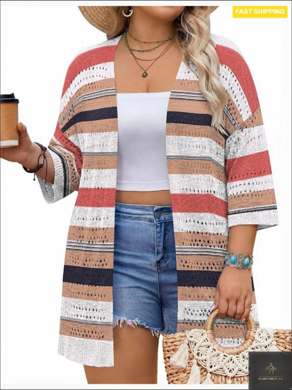 Lightweight Crochet Knit Kimono Cardigan Boho 3/4 Sleeve Open Front